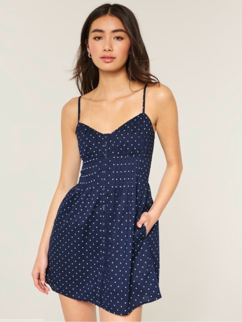 Hollister Pintuck Mini Dress, medium, navy polka-dot